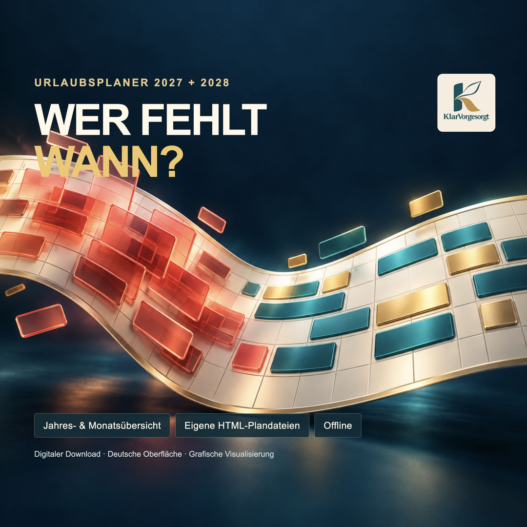Urlaubsplaner 2027 und 2028: grafisches Kalenderband mit dem KlarVorgesorgt-Logo und dem Titel Wer fehlt wann.
